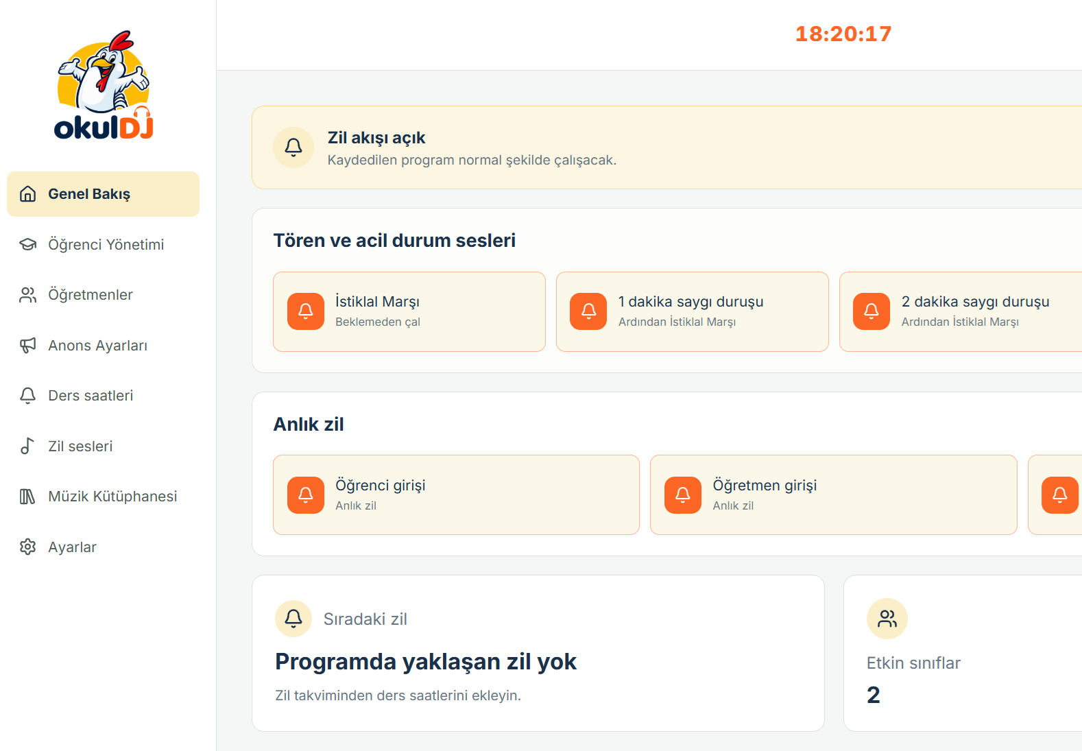 OkulDJ yönetim panelinde zil ve tören akışı